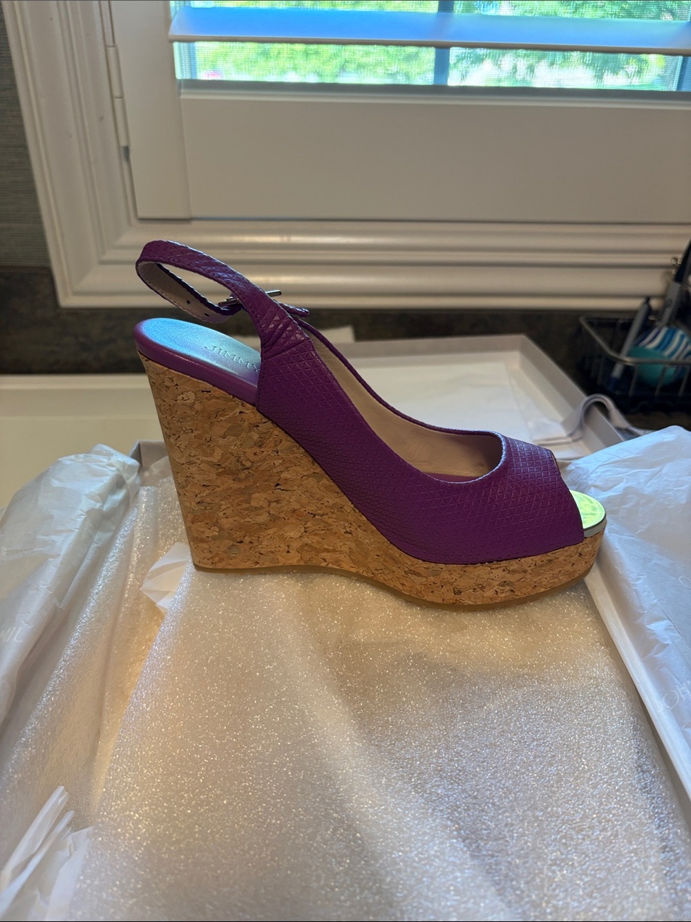 Jimmy Choo Purple Cork Wedge Peep-Toe Slingbacks